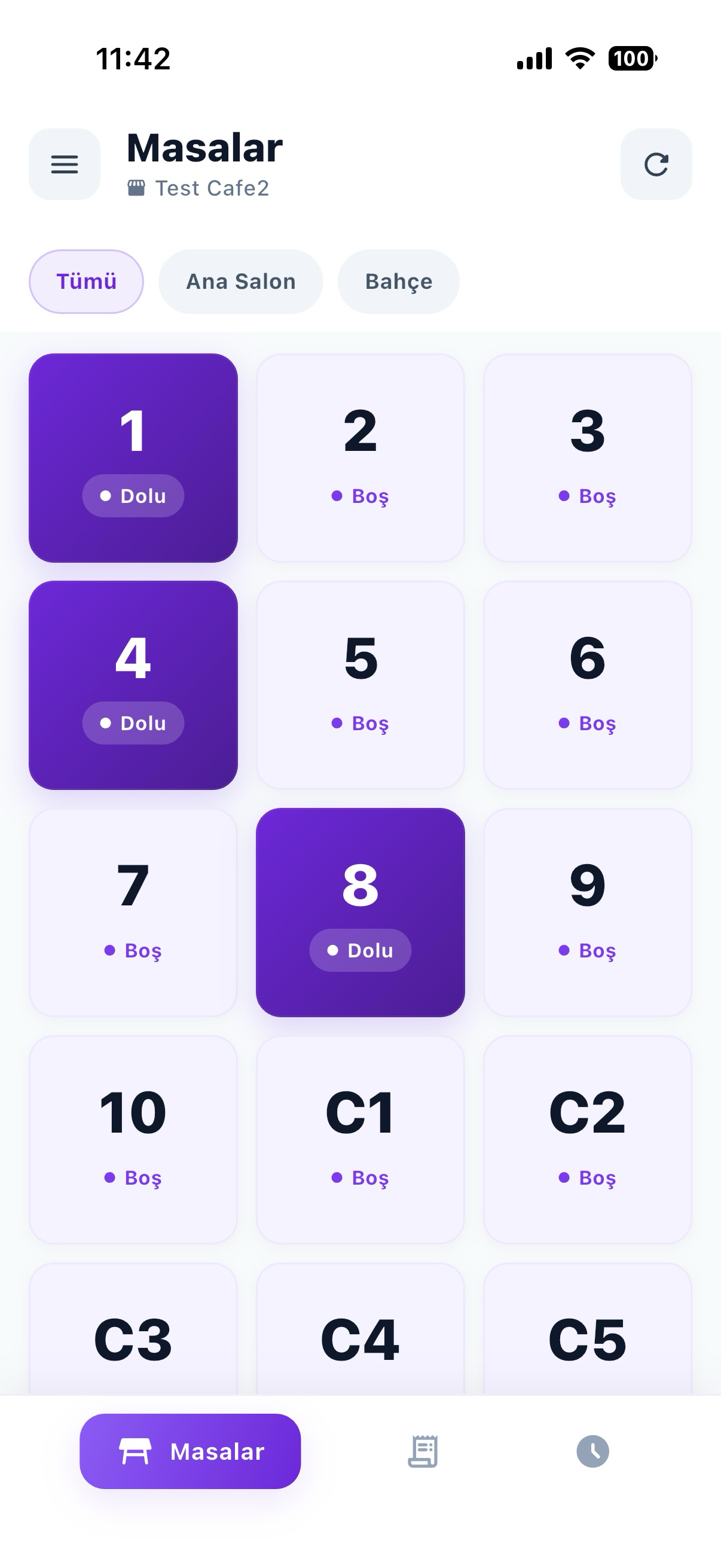 Qasa Cep — masalar ekranı